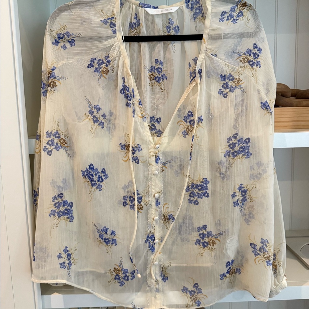 Zara Sheer Floral Blouse - Cream and Blue